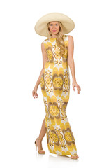 Pretty girl in yellow floral dress isolated on white