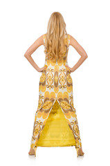 Pretty girl in yellow floral dress isolated on white