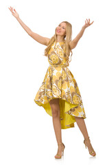 Lady in charming yellow dress isolated on white