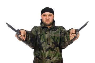 Young man in soldier uniform holding knife isolated on white