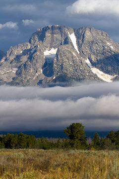 Glaciers and a fogbank on a mountain in Grand Teton National Park in Wyoming