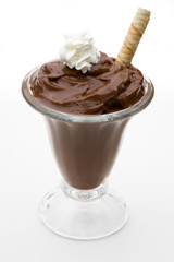 Chocolate Dessert Pudding – Chocolate pudding with whipped cream and a cookie.