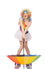 Woman with colorful umbrella on white