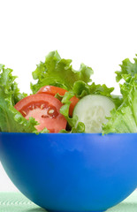 Salad Bowl with Lettuce – A salad of lettuce, tomato, and cucumber in a bright blue bowl.