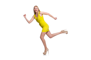 Pretty tall woman in short yellow dress isolated on white