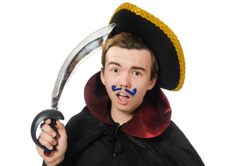 Young pirate holding sword isolated on white