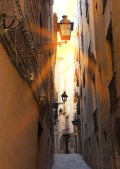 the narrow street with old houses. Barcelona. Spain