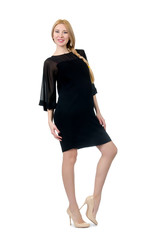Pretty pregnant woman in black dress isolated on white