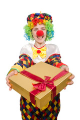 Clown with giftbox isolated on white