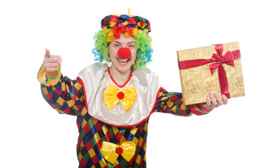 Clown with giftbox isolated on white