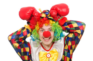 Clown with boxing gloves isolated on white