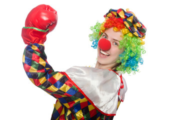 Clown with boxing gloves isolated on white
