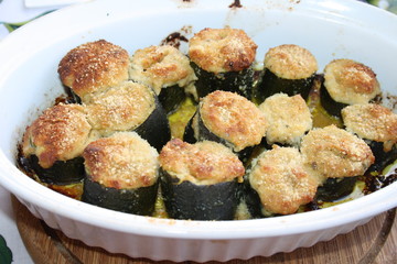 zucchini stuffed with cheese, ground beef and bacon