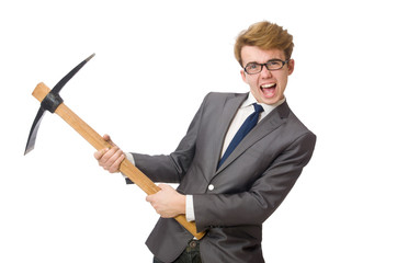Young businessman with weapon isolated on white