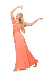 Young woman in pink romantic dress isolated on white