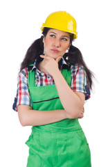 Female workman in green overalls isolated on white
