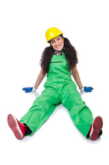 Female workman in green overalls isolated on white