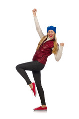 Blond hair girl in bordo vest isolated on white