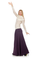 Naklejka premium Pretty girl in violet long dress isolated on white