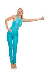Pretty blond woman in blue pants and shirt isolated on white