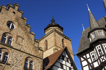Fototapeta na wymiar Town Hall, Weinhaus and Walpurgiskirche in Old Town in Alsfeld