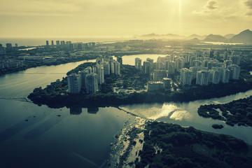Naklejka premium Rio de Janeiro, Barra da Tijuca with sunset light aerial view