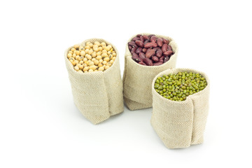 Different kinds of beans in sacks bag isolated on white background