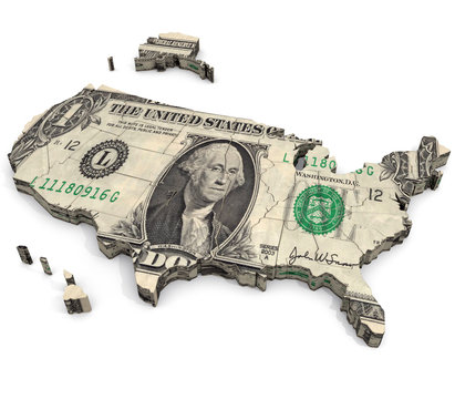 United States of Dollars: An illustration related to the view that wealth and consumer driven economics are at the heart of the United States.
