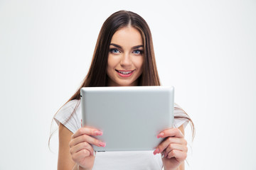 Fototapeta premium Happy woman holding tablet computer