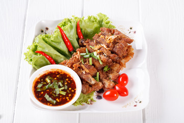 streaky pork fried with spicy dipping sauce, Thai food