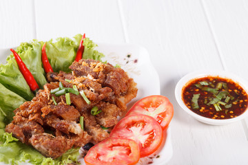 streaky pork fried with spicy dipping sauce, Thai food