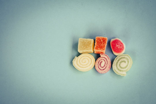 Colorful fruit-paste sweets with filter effect retro vintage sty