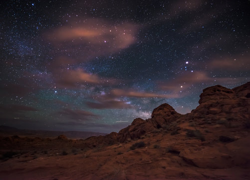 Beautiful Night Starry sky with Rising Milky Way Valley of Fire