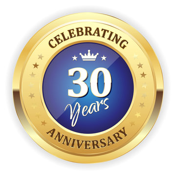 Blue celebrating 30 years badge with gold border