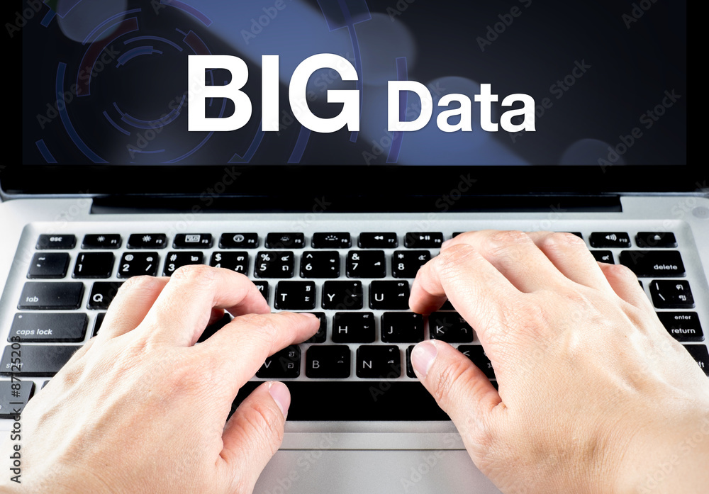 Aufkleber Big Data word on notebook screen with hand type on keyboard, Dig