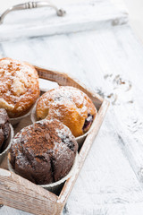 assortment of fresh delicious muffins on tray, vertical