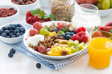 berries, fruits, nuts and granola on the plate 