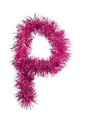 Tinsel Christmas decoration in form of letter P. On a white back