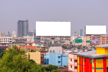 large blank billboard with city view background