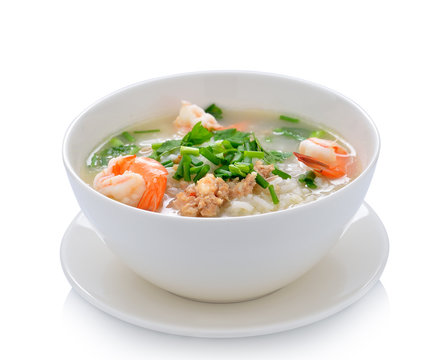 Boiled rice with shrimp on white background