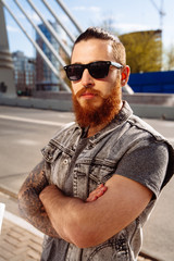 Bearded hipster sunglasses in the city