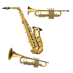 vector illustration of trumpet in different projections with silver and gold items Saxophone
