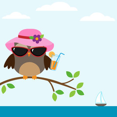 Cute owl with sunglasses sitting on the tree