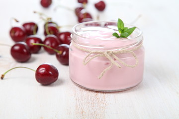 Cherry yogurt and ripe cherry