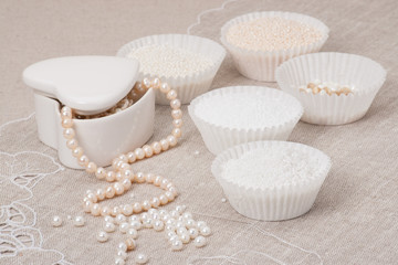 Beads Jewelry On Natural Linen Background. Hand Made