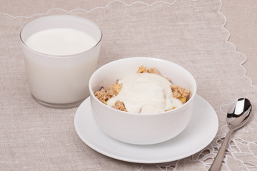 Muesli With Yogurt Breakfast. Natural Linen Background