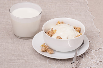 Muesli With Yogurt Breakfast. Natural Linen Background
