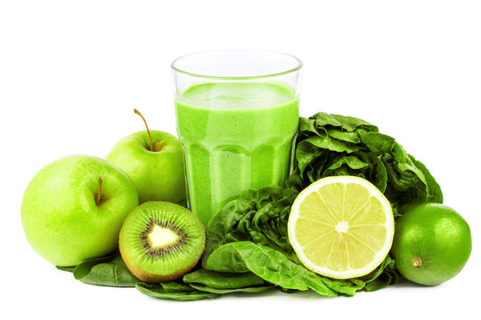 Green fruit vegetable smoothie glass isolated healthy food
