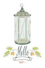 Hello card with vintage lamp and two oak twigs