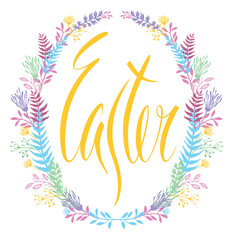 Fototapeta na wymiar Happy Easter card with floral frame and calligraphy